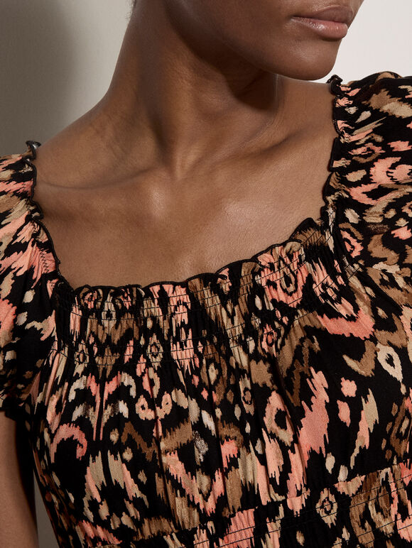 Colourful Ikat Milkmaid Mini Dress, Peach, large