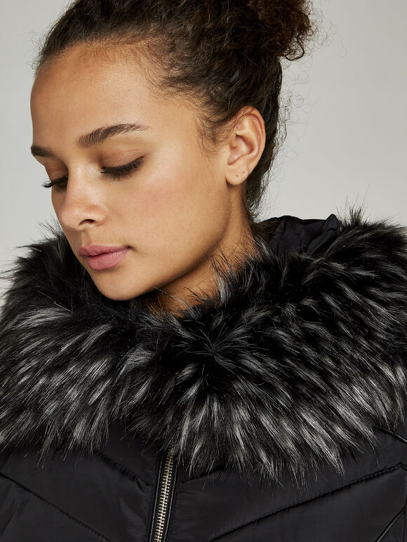 Faux Fur Hood Puffer Jacket, Black, large