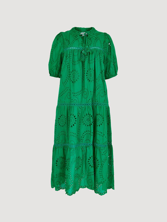 Robe midi à plusieurs niveaux en broderie de coton, Vert, grand