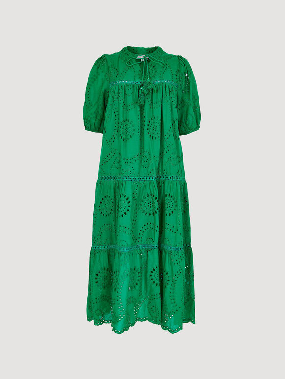Cotton Broderie Tiered Midi Dress, Green, large