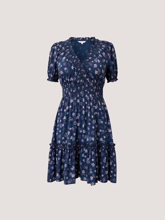 Floral Print Smocked Mini Dress, Navy, large