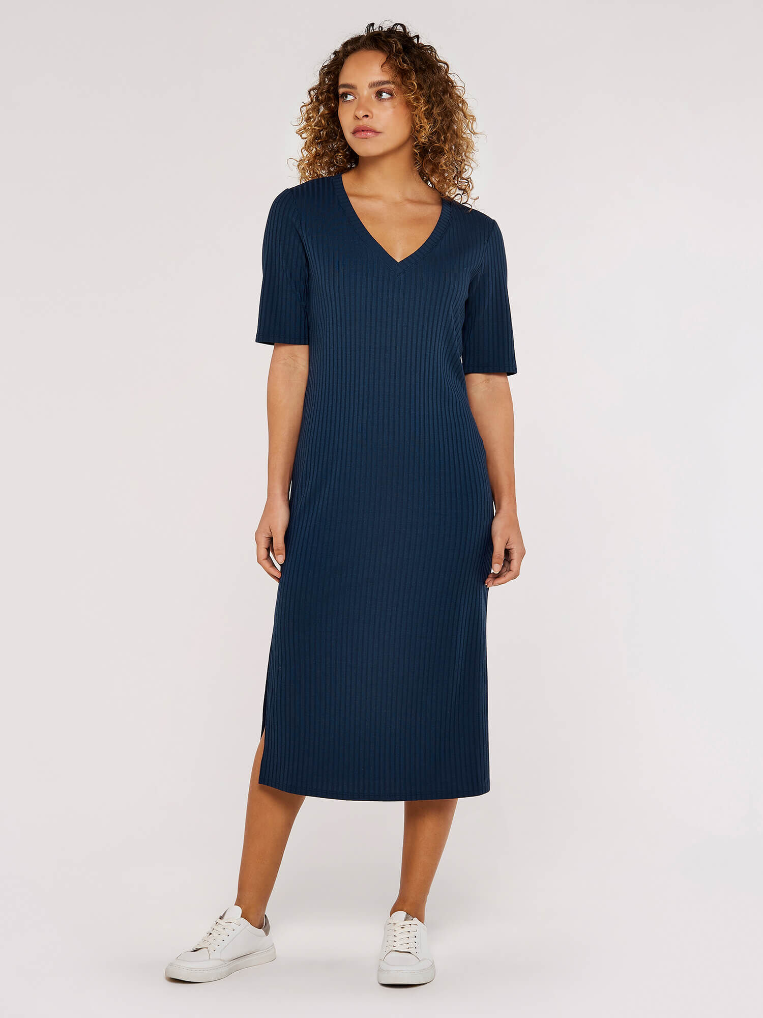 Ribbed Midi V Neck Dress Apricot Clothing