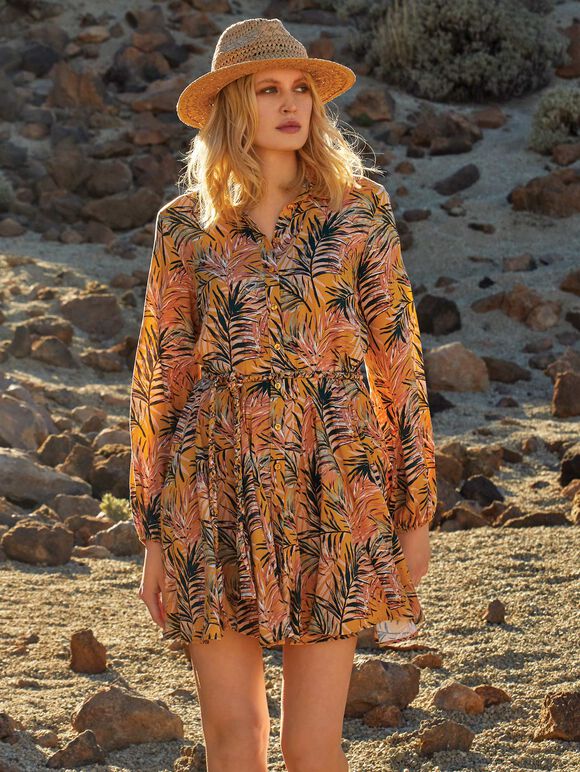 Tropical  Shirt Mini Dress, Mustard, large
