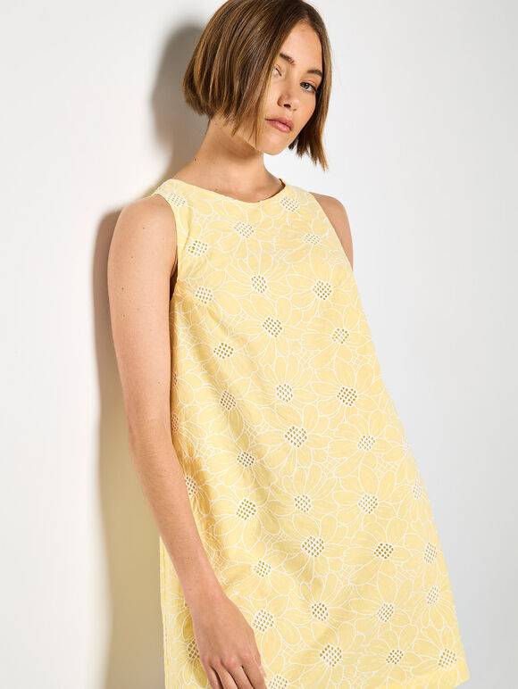 Floral Embroidered Shift Mini Dress, Yellow, large