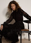 Fringe Trim Tiered Midi Skirt, Black, large