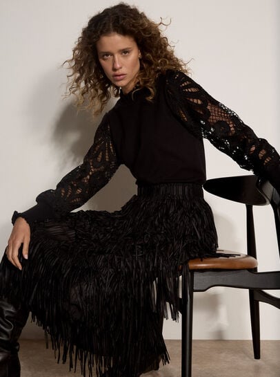 Fringe Trim Tiered Midi Skirt