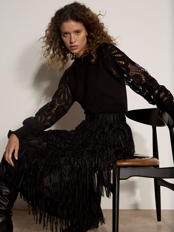Fringe Trim Tiered Midi Skirt, Black, large
