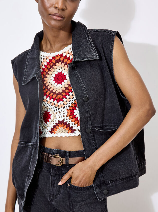 Sleeveless Denim Jacket, Black, large