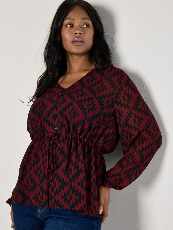 Curve Geo Print Chiffon Blouse, Burgundy, large