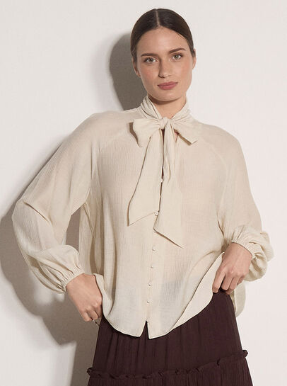 Crinkle Textured Bow Neck Blouse