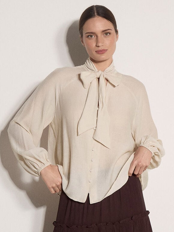 Crinkle Textured Bow Neck Blouse, Stone, large