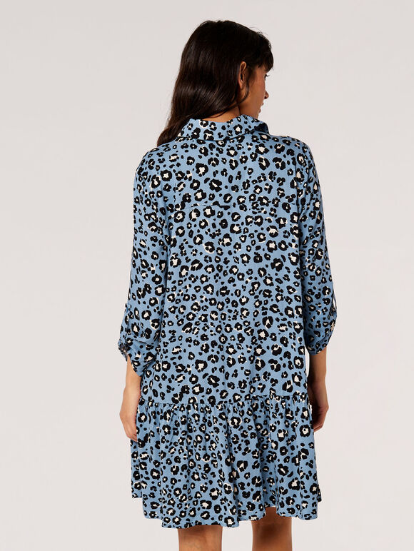 Leopard Print Swing Shirt Mini Dress, Blue, large