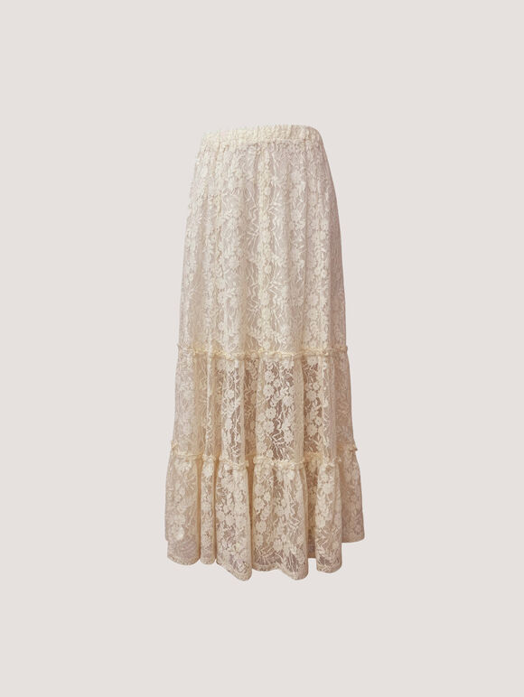 Floral Lace Tiered Midi Skirt, Cream, large