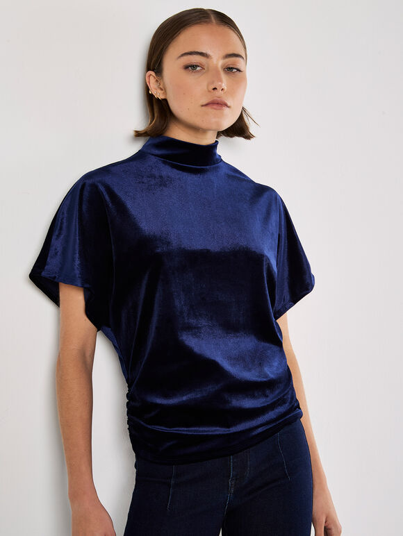 Velvet Ruched Side Top, Navy, large