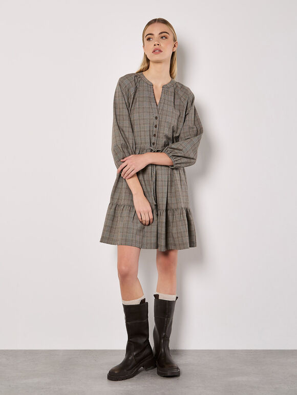 Heritage Check Ruffle Hem Mini Dress, Grey, large