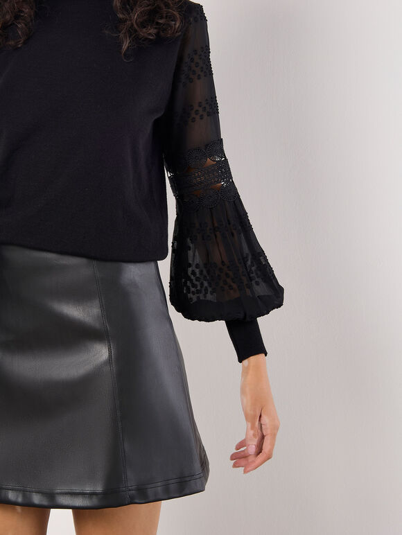 Contrast Chiffon Sleeves Jumper, Black, large