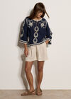 Embroidered Bell Sleeve Top, Navy, large