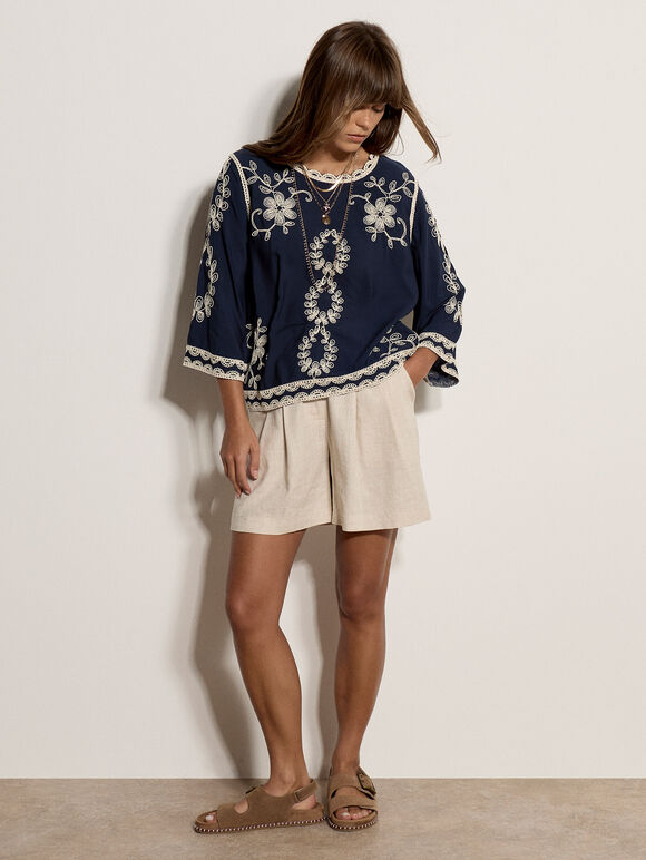 Embroidered Bell Sleeve Top, Navy, large