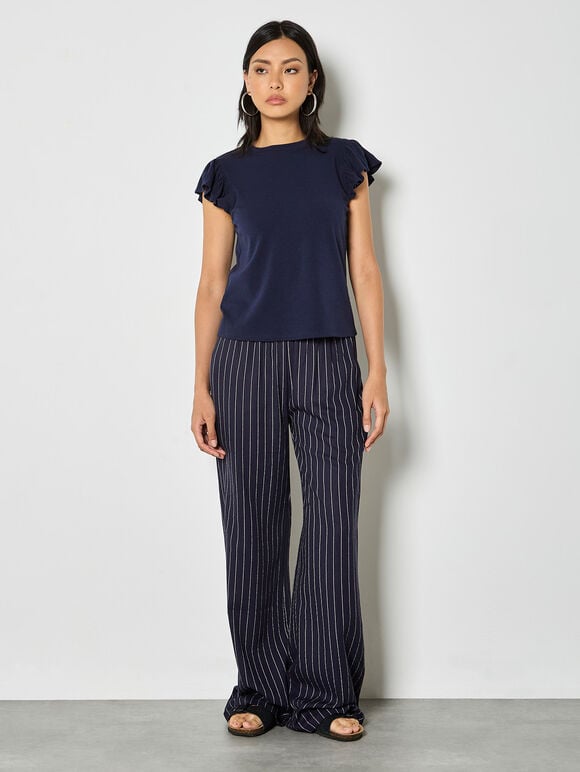 Pinstripe Linen Blend Wide-Leg Trousers, Navy, large
