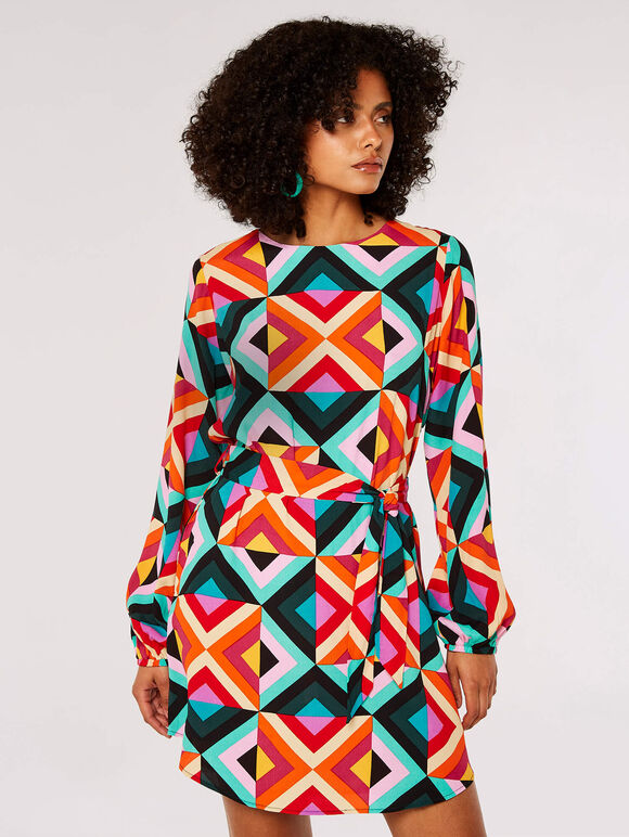 Retro Geometric Mini Dress, Aqua - Turquoise, large