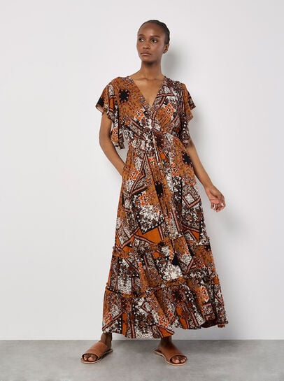 Patchwork Ruffle Tiered Midi Dress