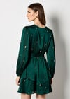 Sequin Spot Satin Wrap Mini Dress, Green, large
