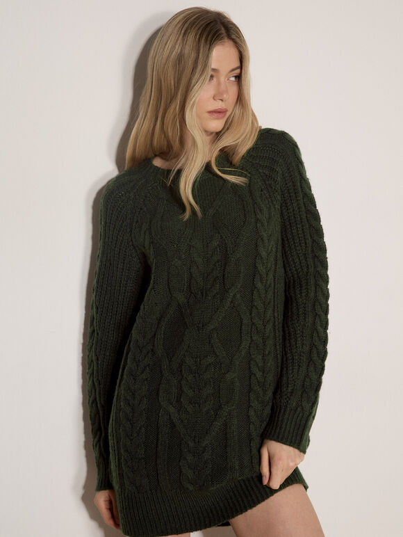 Cable Knit Jumper Mini Dress, Green, large