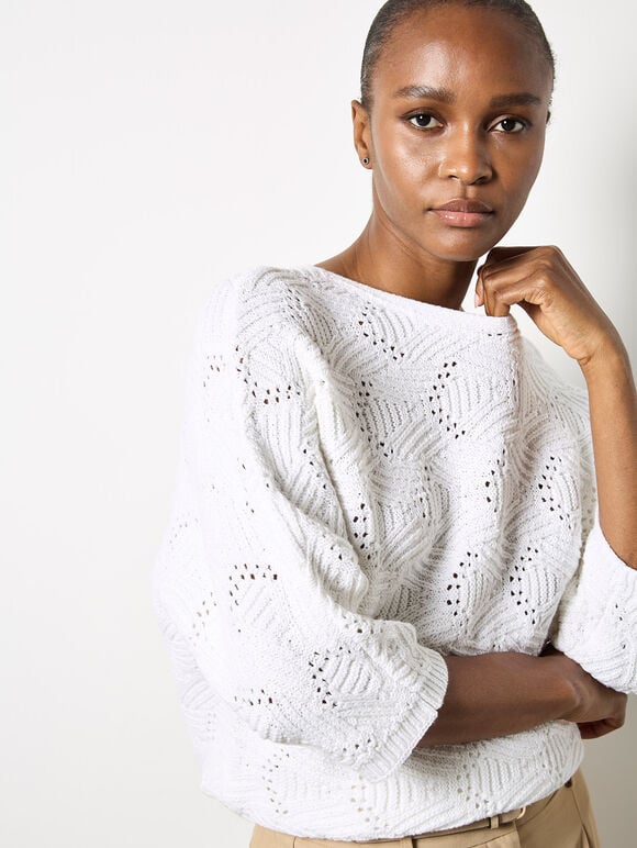 Textured Pointelle Batwing Jumper, White, large