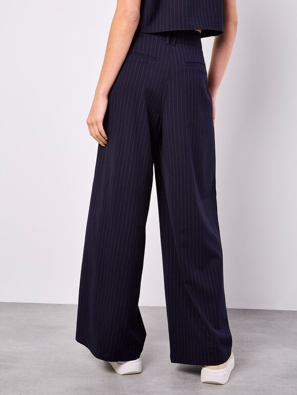 Pinstripe Wide Leg Tailored Trousers, Navy, large