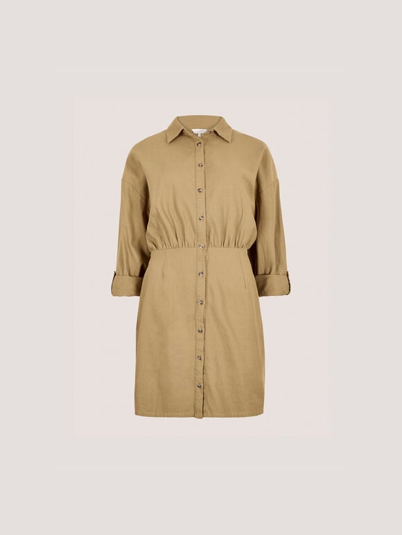Fitted Twill Shirt Mini Dress, Stone, large