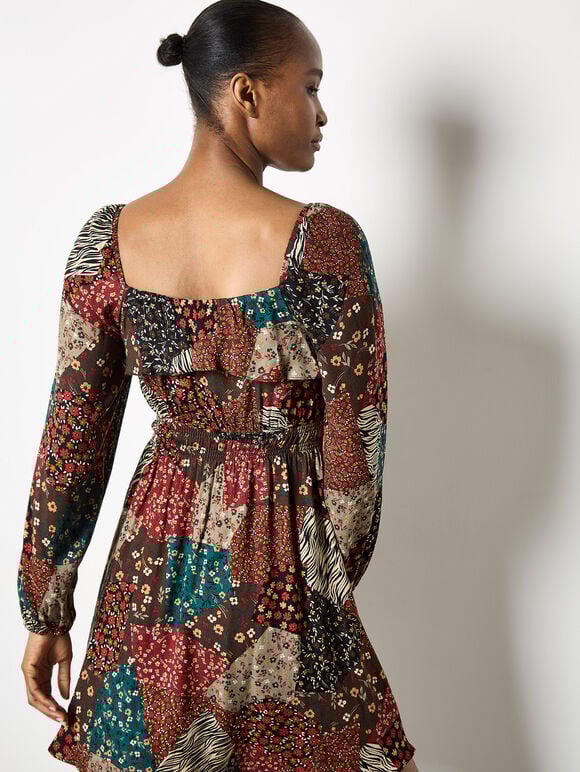 Patchwork Print Boho Mini Dress, Brown, large