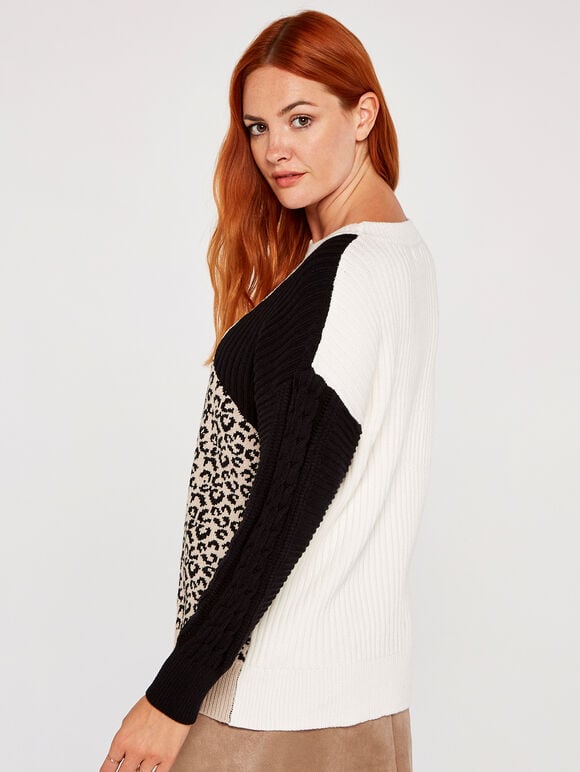 Colour Block Animal Print Jumper, Cream, large