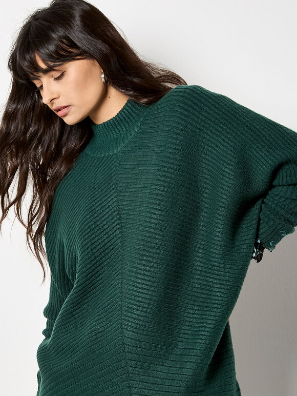 Chevron Knit Oversized Jumper, Green, large