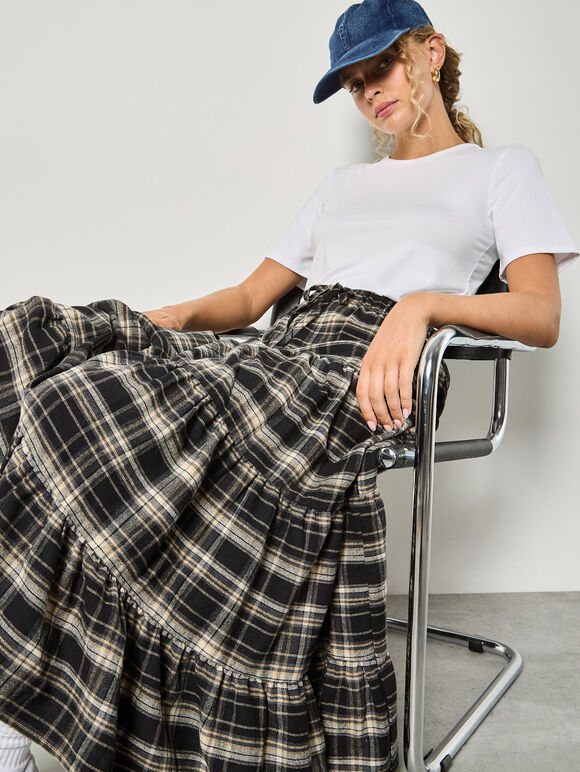 Check Print Tiered Midi Skirt, Black, large