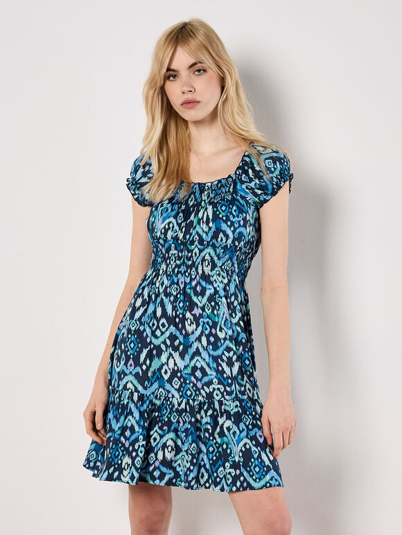 Colourful Ikat Milkmaid Mini Dress, Navy, large