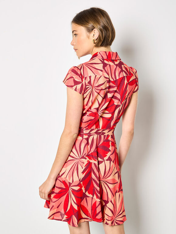 Tropical Leaf Shirt Mini Dress, Red, large