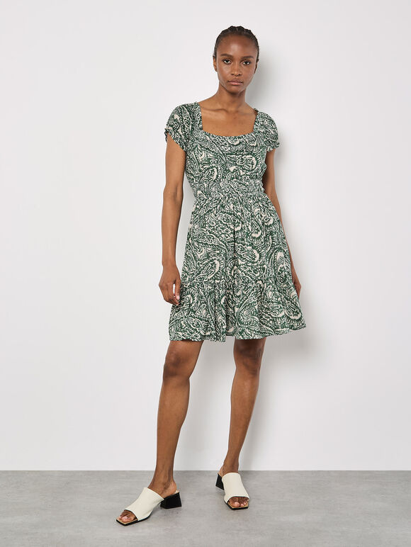 Paisley Milkmaid Mini Dress, Green, large