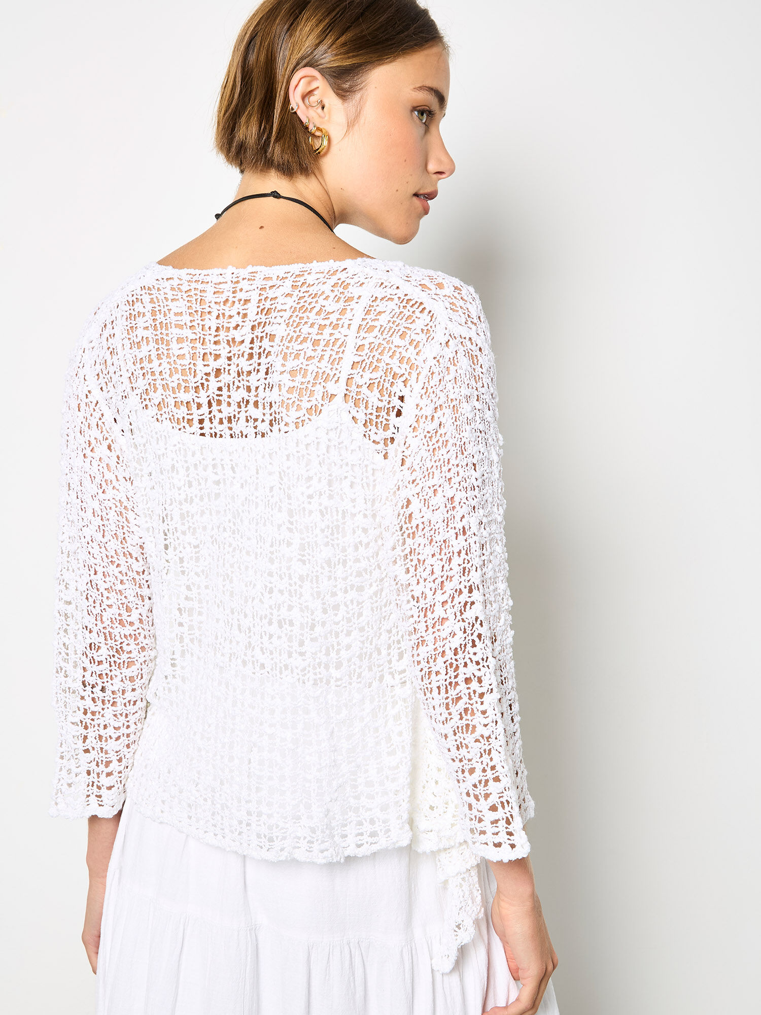 トップス andequal sheer pattern knit IVORY Mesh Popcorn Knit Shrug | Apricot Clothing