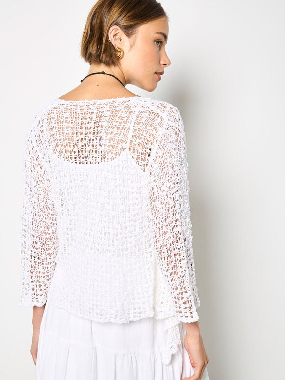 Mesh Popcorn Knit Shrug, White, large