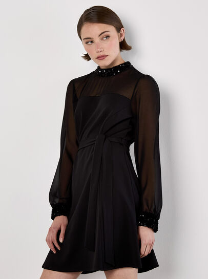 Sequin Trim Belted Mini Dress