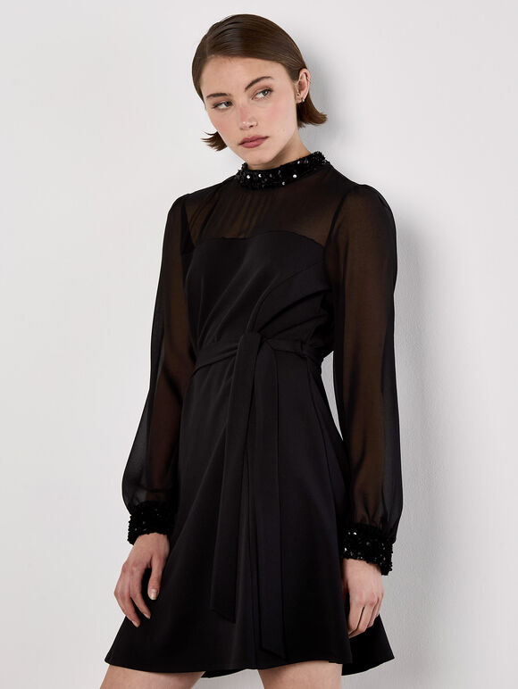 Sequin Trim Belted Mini Dress, Black, large