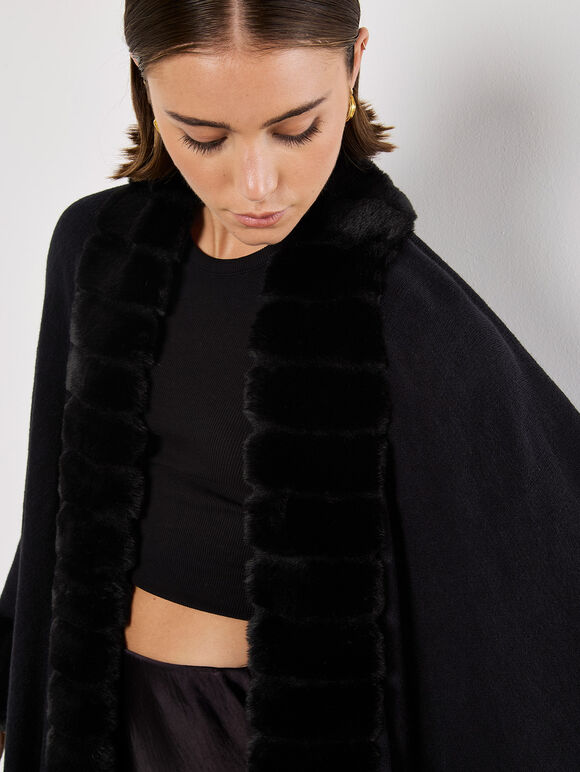 Faux Fur Trim Waterfall Cape, Black, large