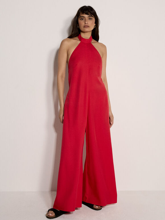 Halter Neck Wide-Leg Jumpsuit, Red, large