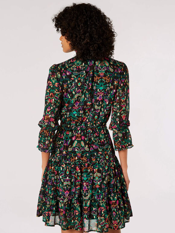 Gold Foil Paisley Mini Dress, Black, large