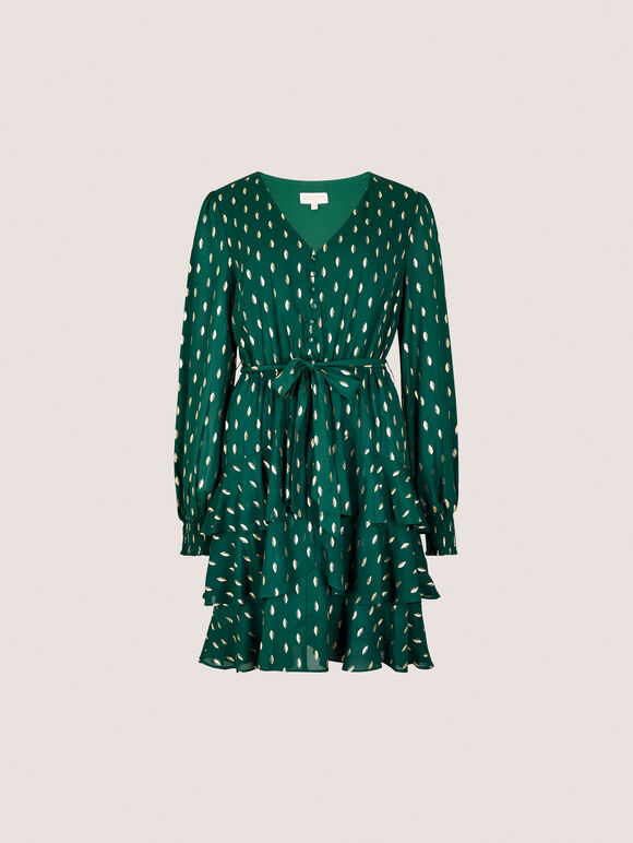 Gold Foil Spot Tiered Mini Dress, Green, large