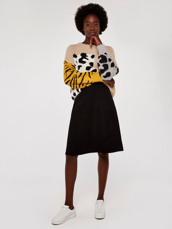 Knitted Boucle A Line Midi Skirt, Black, large