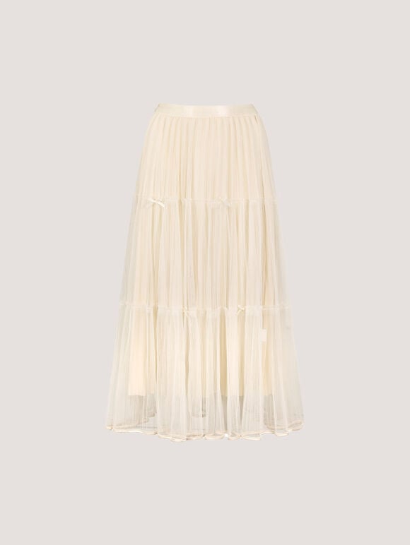 Bow Tiered Mesh Midi Skirt, Stone, large