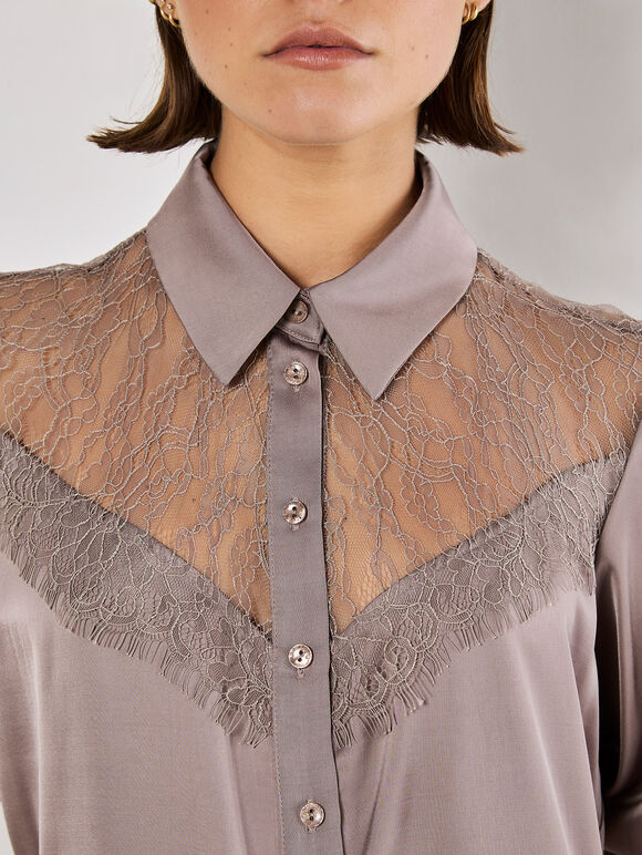 Lace Insert Oversized Satin Shirt, Grey, large