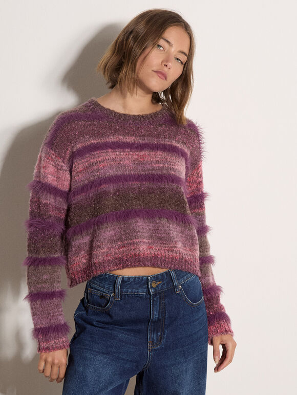 Tonal Stripe Fluffy Jumper, Purple, large