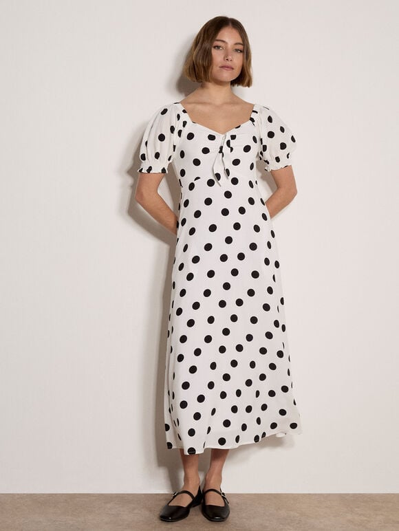 Polka Dot Bow Detail Midi Dress, White, large